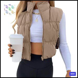 Crop Puffer Vest Sleeveless Lightweight Warm Outerwear Zip Up Chic